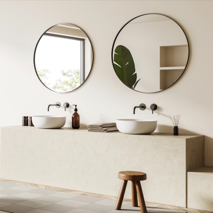 Salle de bains décor minimaliste. Grands miroirs ronds, deux lavabos à vasques. Tabouret en bois.