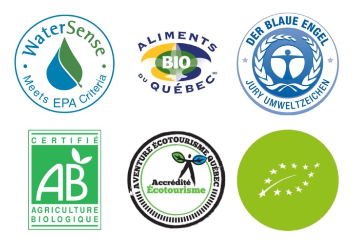 WaterSense, Meets EPA Criteria, Aliments bio du Québec, Der Blaue Engel, Jury Umweltzeichen, Certifié AB – Agriculture biologique, Aventure écotourisme Québec – Accrédité Écotourisme