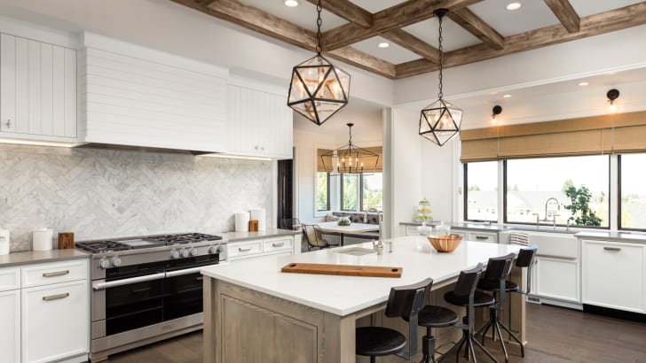 Beautiful kitchen with pendant lights above the island