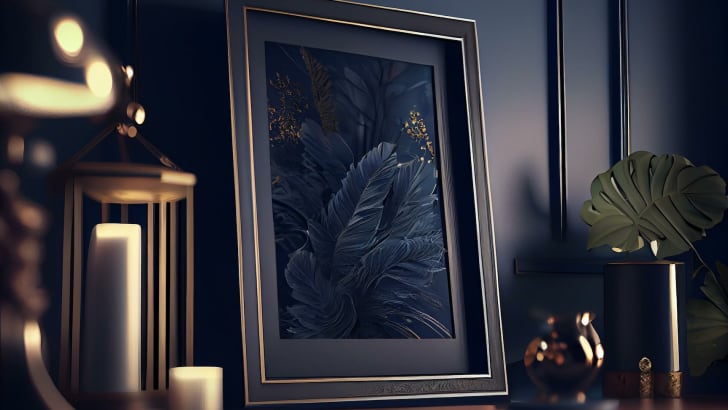 Cadre de plumes bleues foncées posé sur un meuble dans un intérieur sombre, chandelles et accessoires