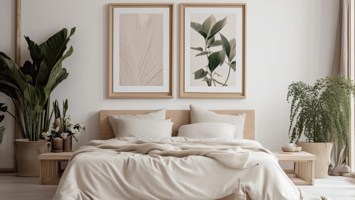 Chambre à coucher aux teintes de beige et de crème, tête de lit de bois pâle, plantes en pot posées au sol et cadres décoratifs