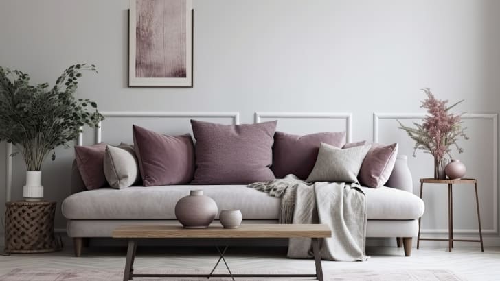 Canapé de couleur grise avec des coussins bordeaux et lavande dans un salon clair, table basse et pots de fleurs décoratives