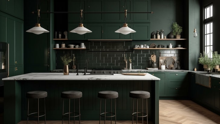 Vue d'ensemble sur une cuisine de couleur vert forêt, avec comptoir en marbre, luminaires blancs et tabourets noirs