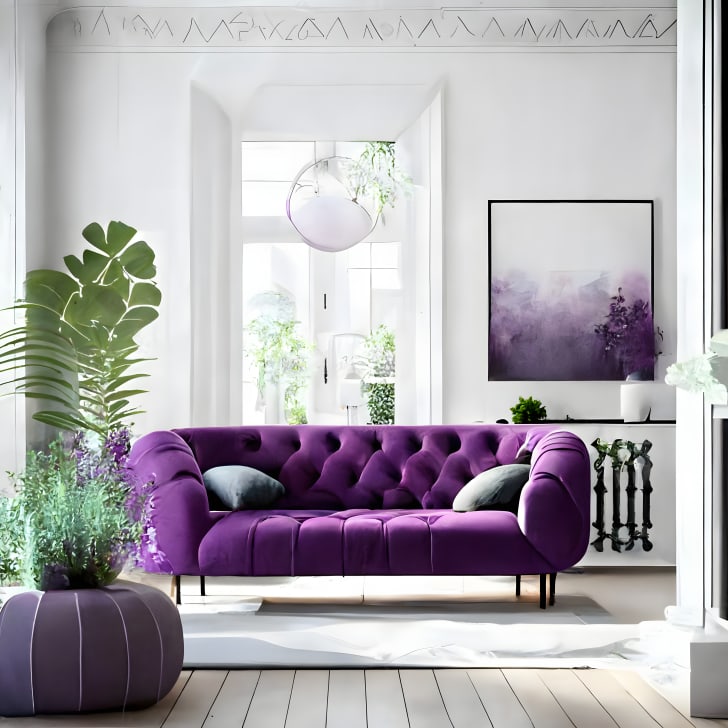 Intérieur de salon moderne avec canapé et décoration de couleur violet sur fond de mur blanc, pouf et plantes posés au sol