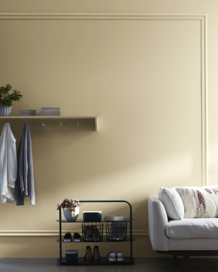Mur de couleur tendance kaki pâle, tablette accrochée et vêtements suspendus, sofa et meuble de rangement de chaussures