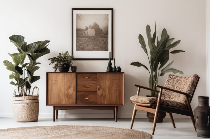 Décor de salon vintage comprenant une commode classique en bois, une composition végétale, des objets décoratifs et une maquette de cadre d'affiche en noir sur mur beige