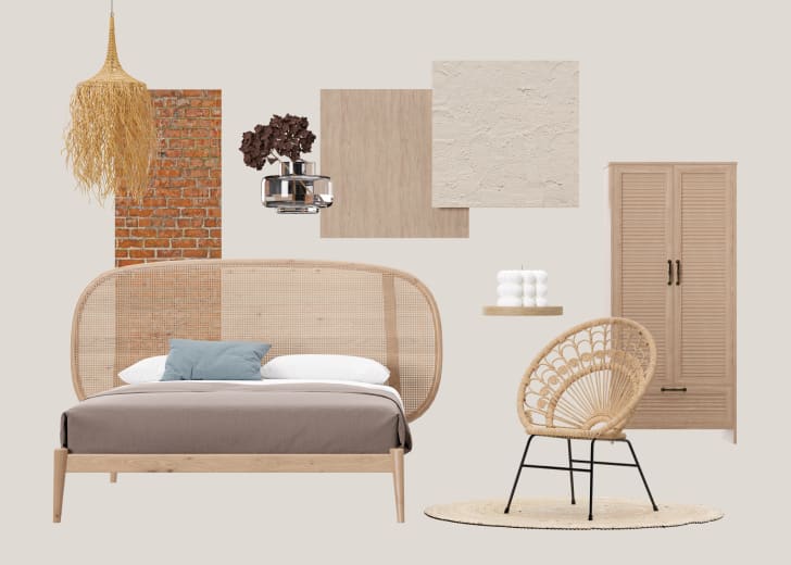Tableau d’ambiance numérique avec des meubles de chambre à coucher, des accessoires décoratifs et des échantillons de matériaux, tous de style moderne et faits de matériaux naturels