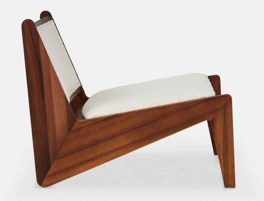 Scandinavian design armchair in ivory white bouclé wool, teak structure 