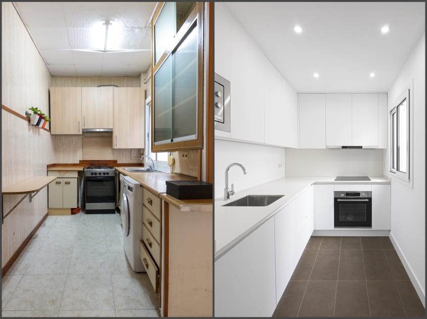 Before/after photo of a renovated kitchen (contemporary Quebec style: clean cabinetry, quartz countertop, modern lighting)