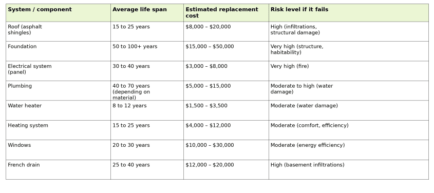 Table showing average lifespan, estimated replacement cost, and failure risk level for a roof, foundation, electrical system, plumbing, water heater, heating system, windows, and French drain.