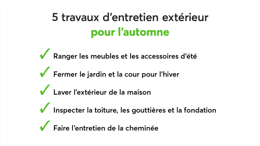 Liste qui résume les 5 travaux d’entretien extérieur à faire pour l’automne