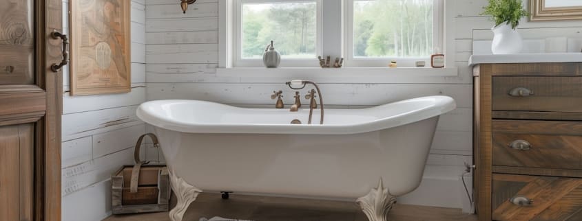 A farmhouse-style bathroom with wood panelling on walls
