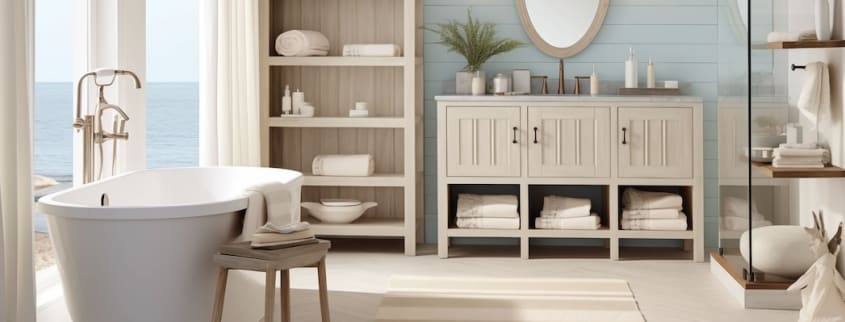 Coastal-style bathroom with aqua-coloured wall
