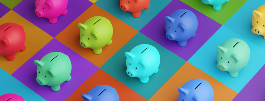 Multicolored piggy banks layout