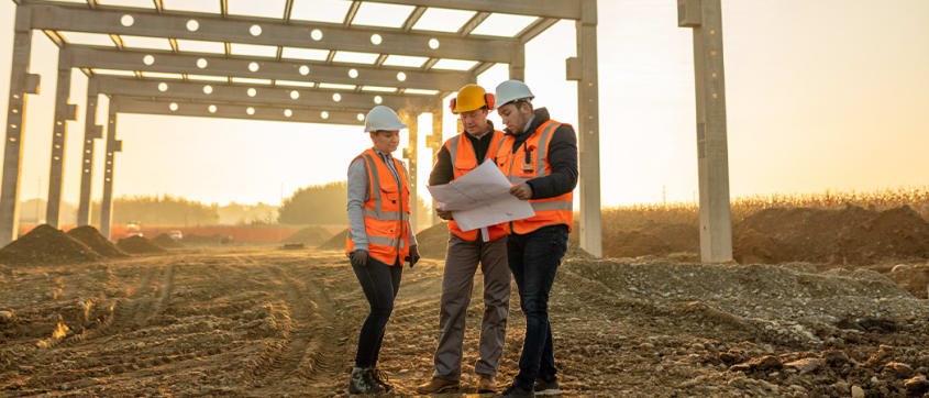 Promoteurs regardant des plans sur un terrain en construction