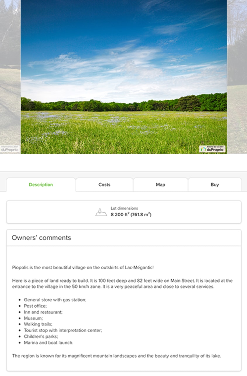 DuProprio listing mockup for a lot or land