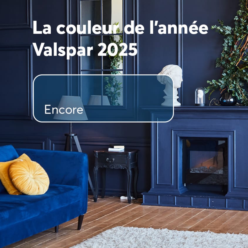 Encore, couleur de l’année 2025 de Valspar sur les murs et le foyer d’un salon