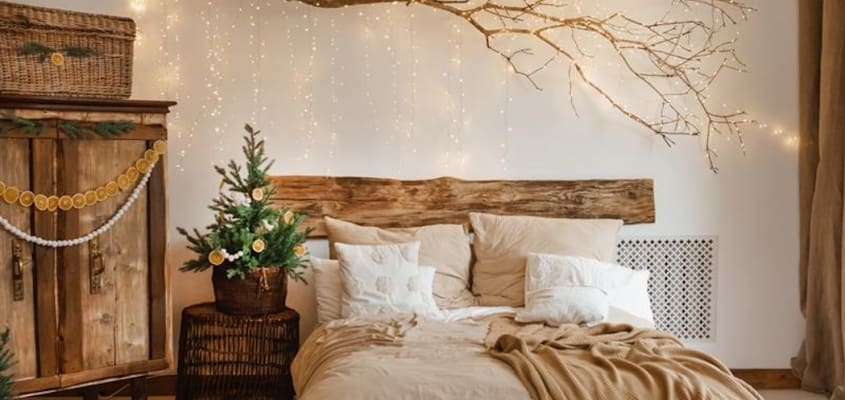 Intérieur de chambre cosy au style scandinave intégrant des meubles en bois et des couvertures dans des tons neutres