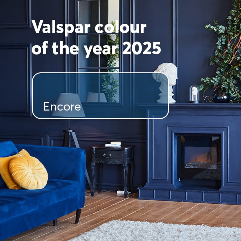 Encore, Valspar 2025 colour of the year on the living room walls and fireplace