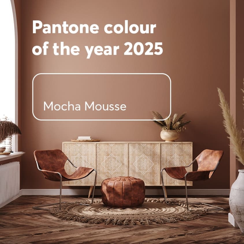 Mocha Mousse, Pantone 2025 colour of the year on living room walls with copper-coloured chairs 