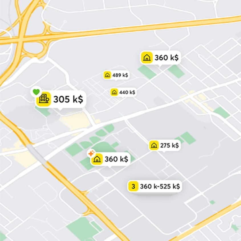 Carte interactive de propriétés en vente avec DuProprio telle que présentée dans l'application mobile