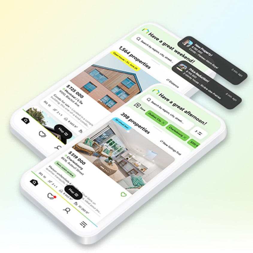 Notifications shown on a phone for the DuProprio mobile app