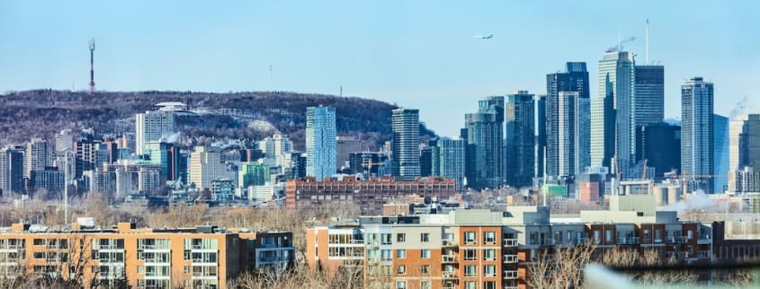 View of Montreal skyline with skyscrapers and Mont Royal in the background