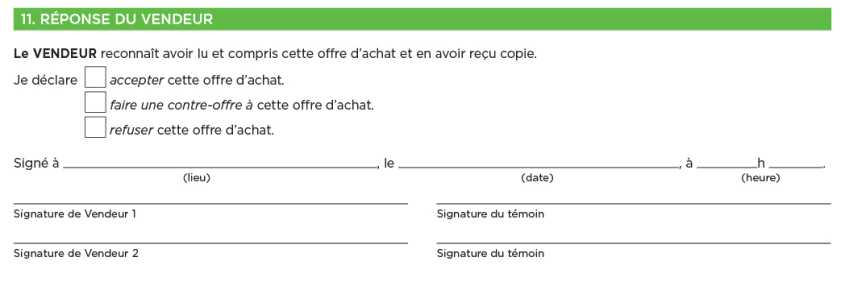 Section Réponse du vendeur de l'offre d'achat d'une propriété
