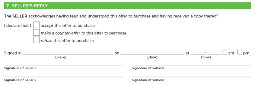 Seller's reply section in the offer to purchase form