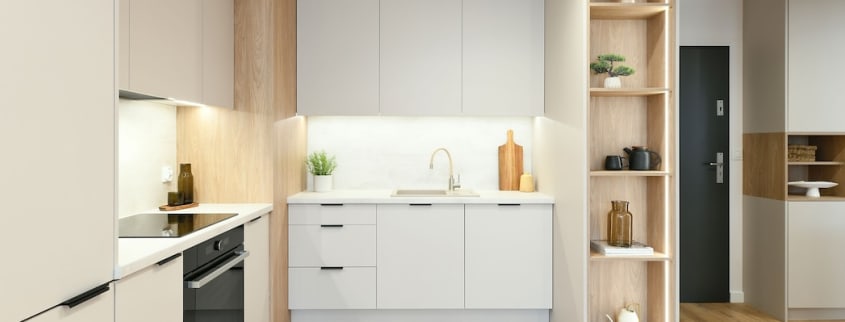 A new, clean kitchen with open cupboards