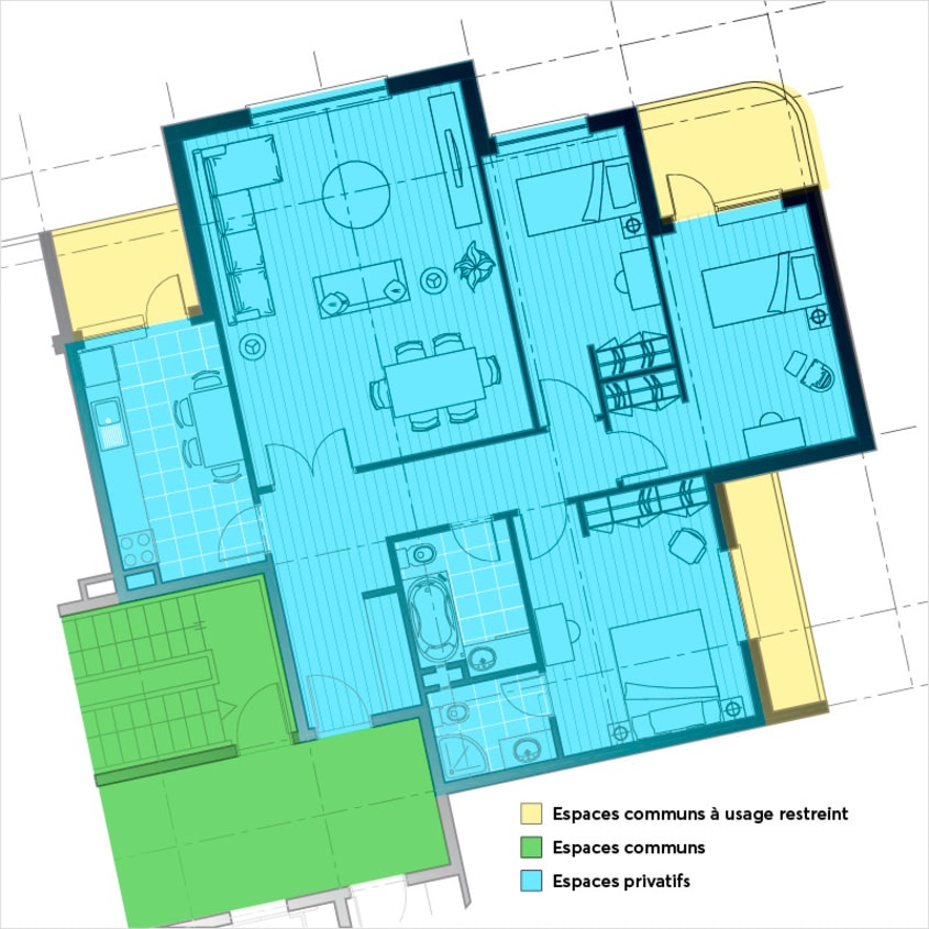 Plan de condo avec les espaces privatifs, communs et communs à usage restreint