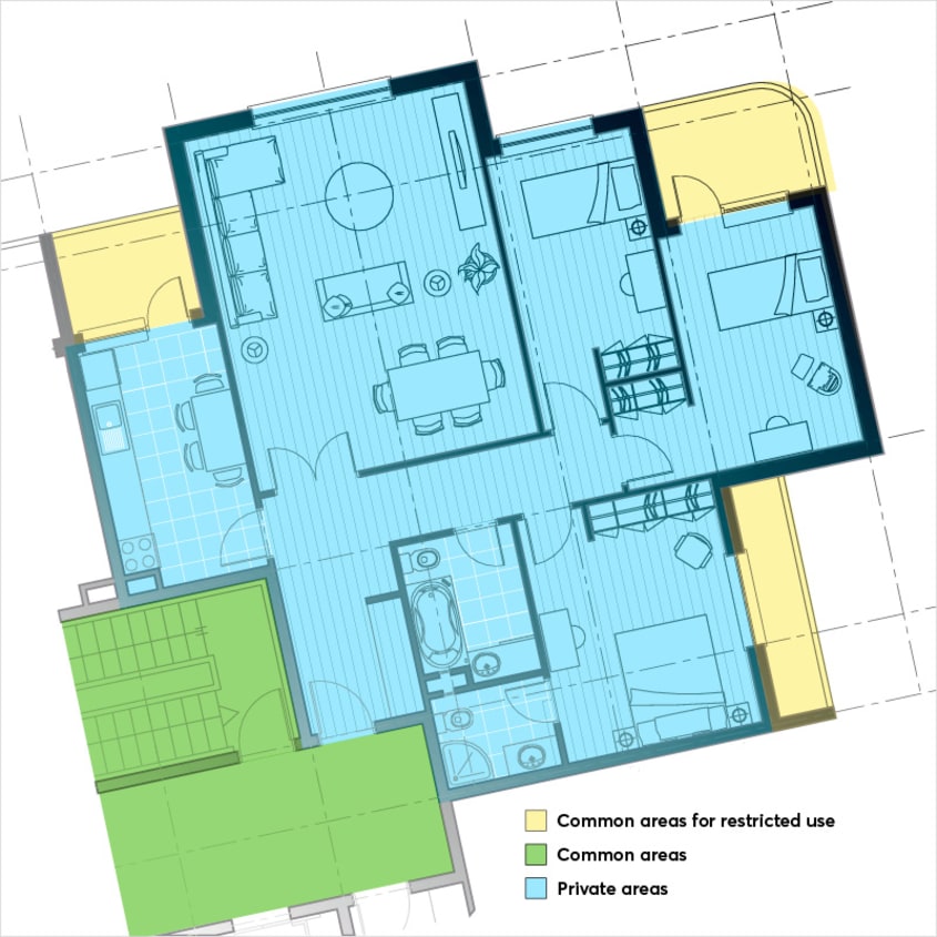 Condo plan with private areas, common areas ans common areas for restricted use