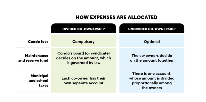 How expenses are allocated in divided and undivided co-ownership