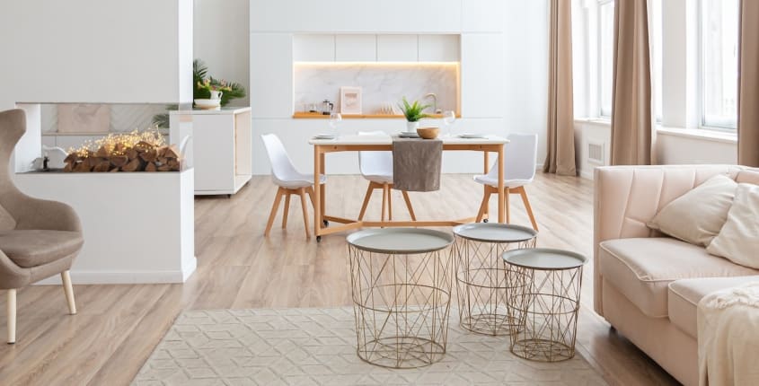 Intérieur d’une habitation lumineuse dans un décor de style scandinave