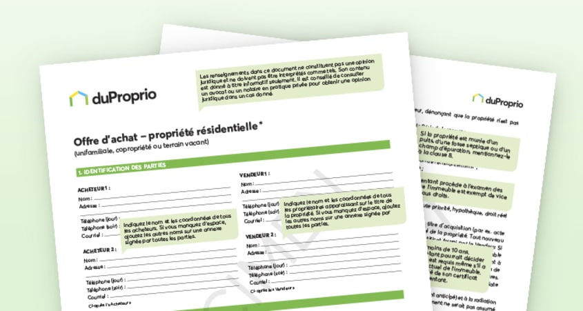 Un formulaire d'offre d'achat DuProprio avec des explications