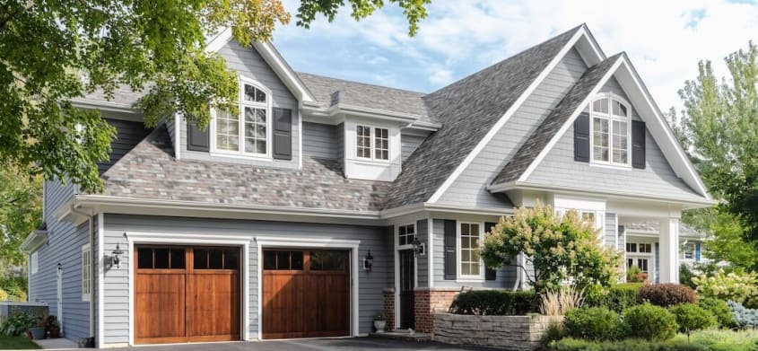 Suburban house with gray siding and double garage 